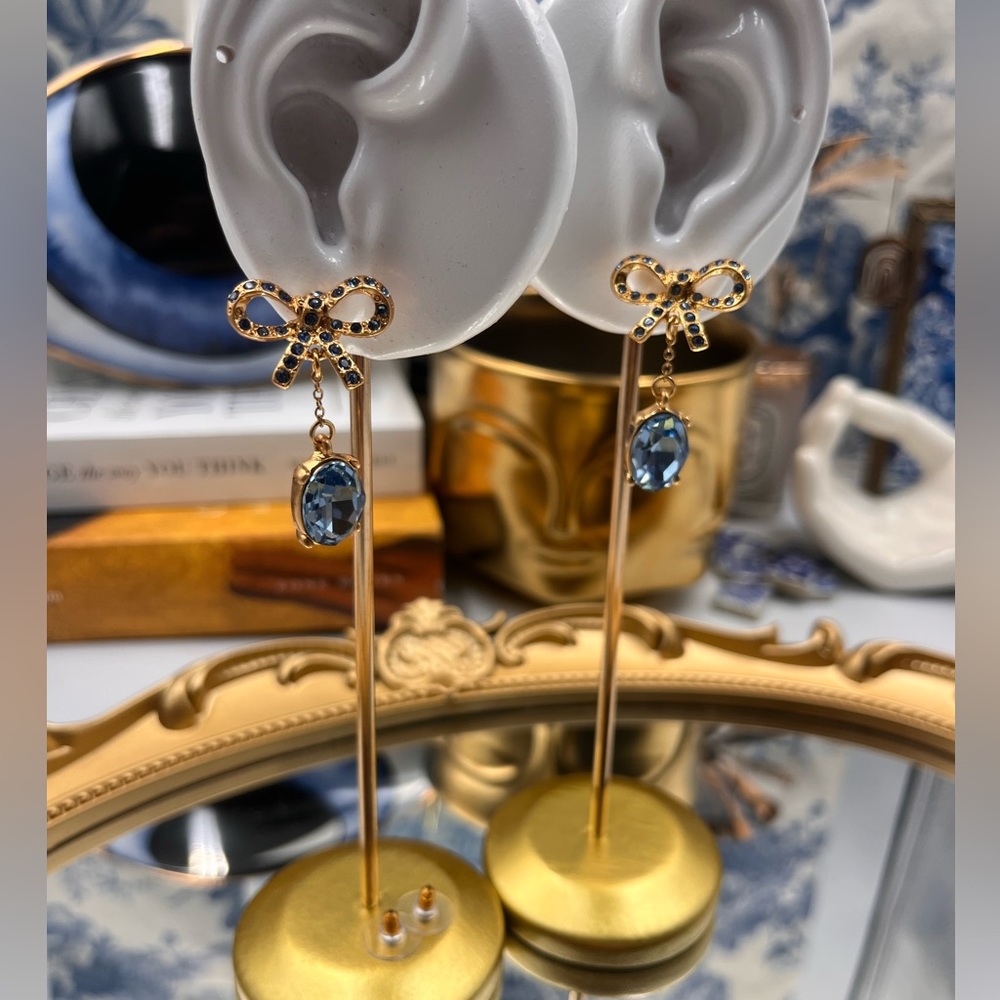 🆕 OSCAR DE LA RENTA 🧿 NWOT Blue Sparkle & Dangling Bow Earrings - Picture 15 of 16